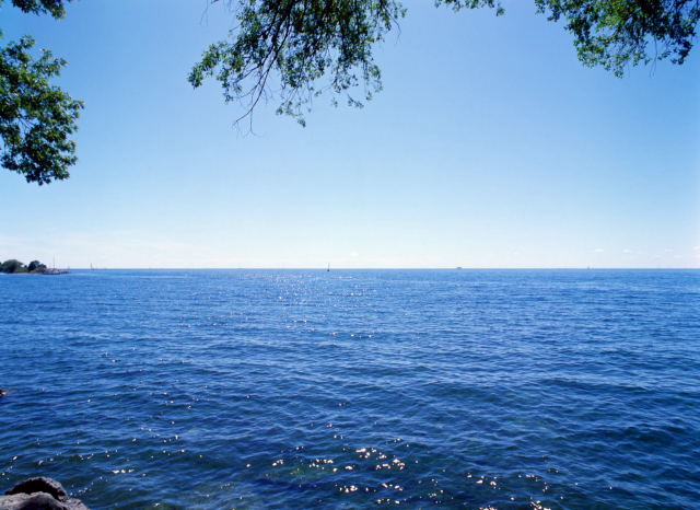 Sailboats and an industrial platform dot the horizon of a rich blue lake. Leafy branches frame some of the top of the image. 
