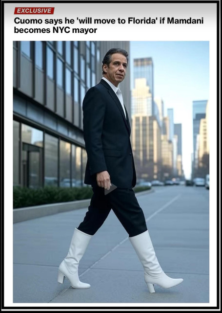 Headline: Cuomo says he will ‘move to Florida’ if Mamdani becomes NYC mayor. AI image of Cuomo in white go go boots crossing new york street. 