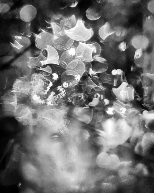 A blurry monochrome image with light shimmering  through rain drops on glass creating abstract patterns and ghostly figures, suggesting a dreamy atmosphere.