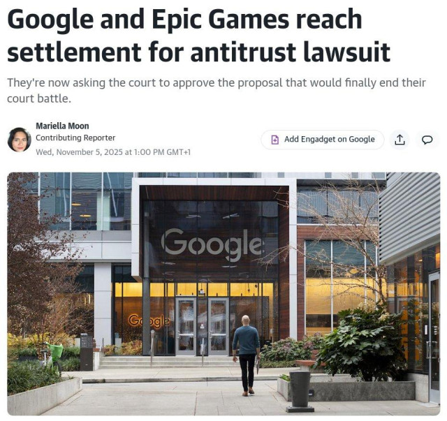 News screenshot: Google and Epic Games reach settlement for antitrust lawsuit
They're now asking the court to approve the proposal that would finally end their
court battle.