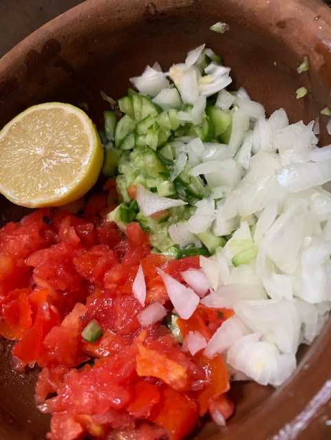 A close-up of Fattoush, a delicious Palestinian breakfast!