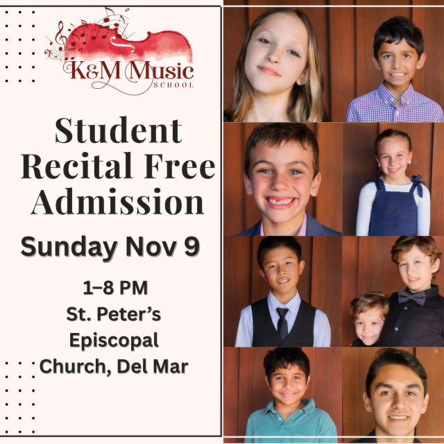 Free K&M Music School student recital, St. Peter’s Del Mar, Nov 9, 2025—piano, violin, cello, harp, voice, bassoon, saxophone; community event.