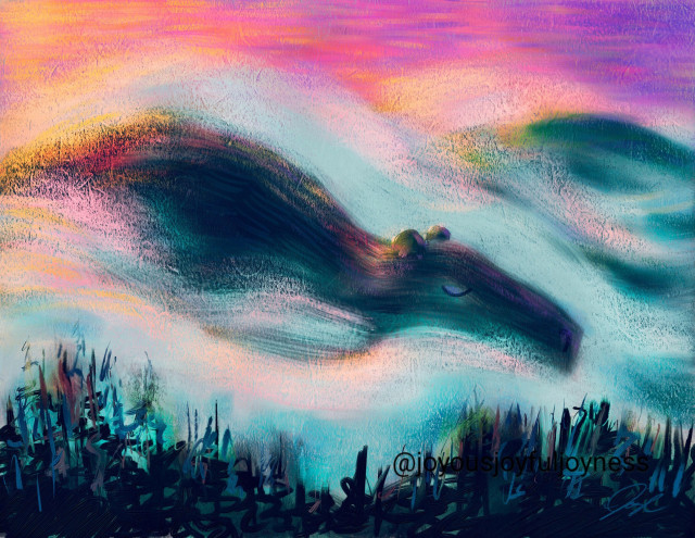 Painting made in Rebelle of a capybara as big as a hill sleeping as fog flows around it. The sun is setting to the left and the sunset colors the sky and fog with bright yellows, pinks and purples. In the foreground is some abstracted forest. The artist's watermark @joyousjoyfuljoyness and signature are on the bottom right.