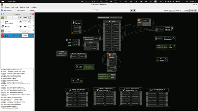 Screenshot showing Ray Session window with connections from renoise send output to carla hosting ZL Equalizer sidechain input.
