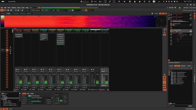Screenshot showing renoise mixer with send and return to and from carla