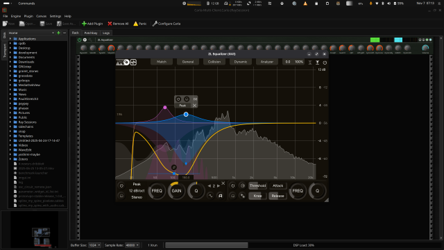 Screenshot showing Carla as vst3 host with ZL Equalizer receiving sidechain signal from renoise send.