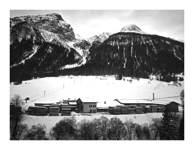 Daylight monochrome landscape photography.

Sumptuous mountains in the background, squeaking snow enveloping the naked silence, a sawmill in the foreground to build up the expected tiny warm smoke.
