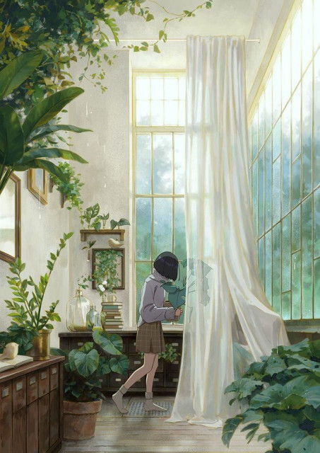 a digital painting of a girl carrying a monstera plant through a greenhouse
