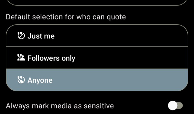 Screenshot from Settings>Profile where the default quote privacy can be changed.
Here anyone is selected but it can be set to followers only or Just me.