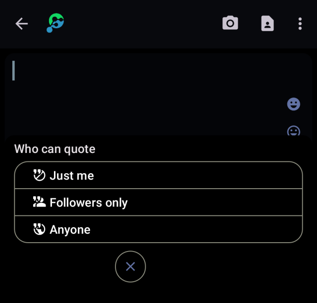 When composing, it is possible to customize the privacy for quoting your message. Here a menu is open with the three visibility choices.