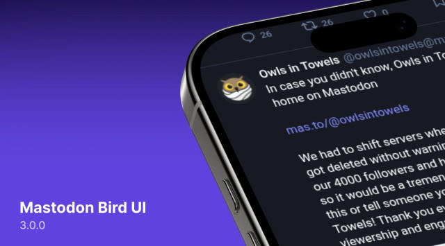 Mastodon Bird UI phone mockup, closeup of an iPhone, text: "Mastodon Bird UI 3.0.0"
