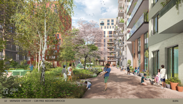 Rendering von Teil von Merwede, begrünter Innenhof, Kinder spielen, Erwachsene reden miteinander 