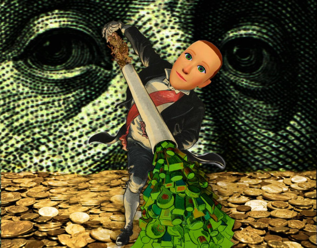 A tuxedoed figure dramatically shoveing greenish pigs into a tube, from whose other end vomits forth a torrent of packaged goods. He has the head of Mark Zuckerberg's 'metaverse' avatar. He stands upon an endless field of gold coins. The background is the intaglioed upper face of the engraving of Benjamin Franklin on a US$100 bill, roughed up to a dark and sinister hue.