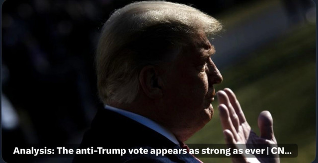 A side profile Trump gesturing with his hand. The background is blurred, with a focus on the figure's outline. A caption at the bottom discusses the anti-Trump vote.