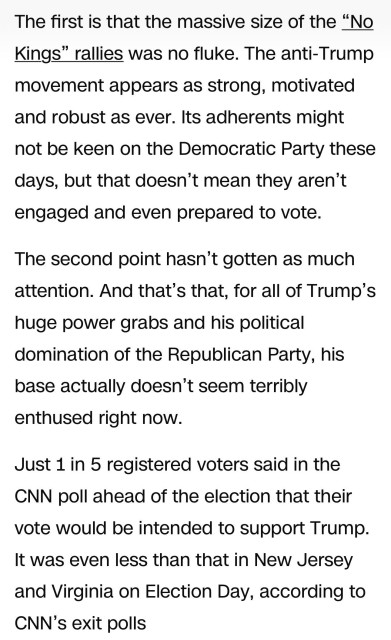 Text excerpt discussing the impact of "No Kings" rallies against Trump, the motivation of the anti-Trump movement, and the current lack of enthusiasm among Trump's voter base, highlighted by a CNN poll.