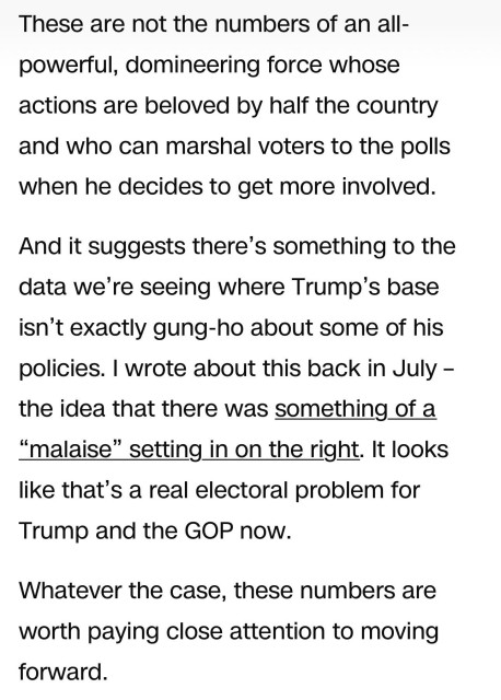 Text discussing political dynamics related to public opinion on Trump and his policies, highlighting concerns about voter engagement and potential electoral challenges for Trump and the GOP.