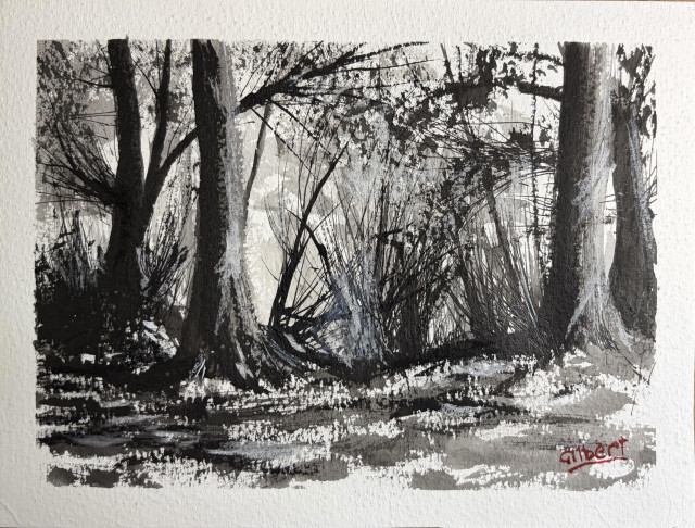 A monochromatic ink and chalk painting depicting a wooded area with tall trees and dense undergrowth. There is a path in front with dappled light. There is a signature in red that says “Gilbert” 