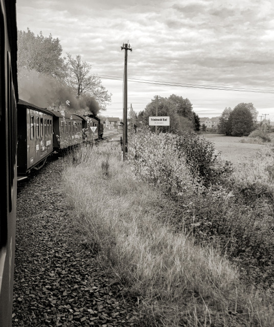 Aus dem fahrenden Zug nach vorne fotografiert
Man sieht Teile des Zuges, welcher eine Kurve fährt und buschige Landschaft 
Schwarz weiß 
