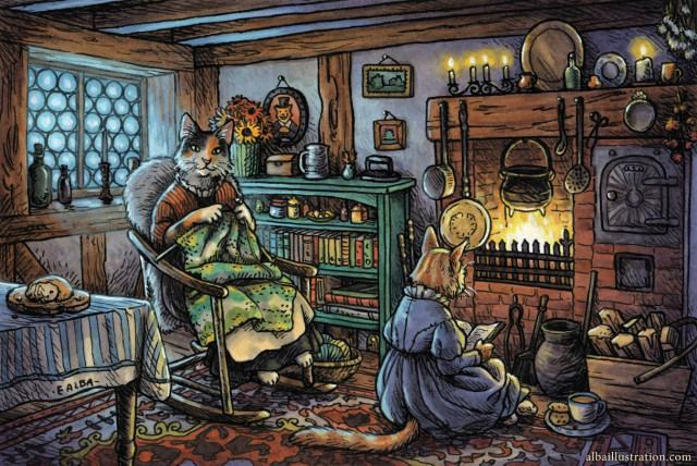 Illustration set in a cozy Victorian cottage kitchen/living space. A cat sits on the ground by the hearth, reading a book. Another cat sits in a nearby rocking chair, knitting a blanket.