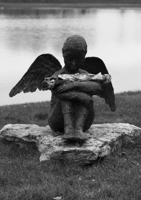 A stature of a sitting child with wings, holding its arms around the legs, looking down. It is sitting on a flat rock in the grass infront of a lake. In its lap lays a bouquet of withered roses wrapt in paper. The image is in tones of gray, which suits the mood. 