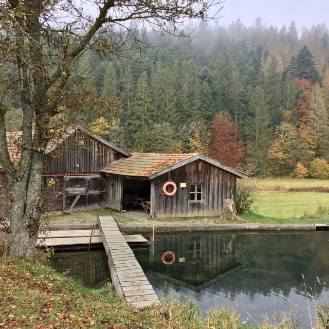 Eine herbstliche Szene an einem trüben Tag. Vor der betrachtenden Person ist ein kleiner Teich, der dunkel erscheint. darüber ein hölzerner Steg. Darinnen spiegelt sich der Schuppen, der hinter dem Teich steht und der Wald, der hinter dem Schuppen ist. Der Schuppen ist mit roten Ziegeln gedeckt und es hängt ein oranger Schwimmring dran. Links vom Schuppen eine große Scheune, die auch ais dunklem Holz gebaut ist und genauso gegiebelt wie der Schuppen. 