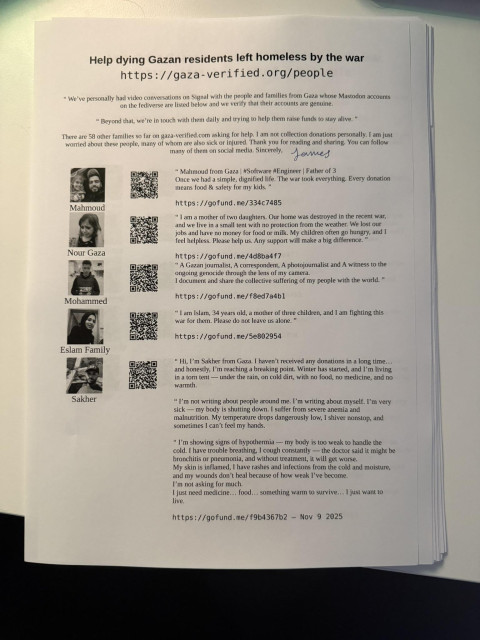 A flyer seeking aid for Gazan victims of war.