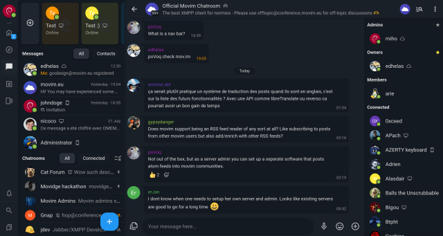 A screenshot of the Movim official chatroom in Movim