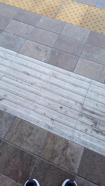 A stone tile raiway platform floor. A white strip intersects
