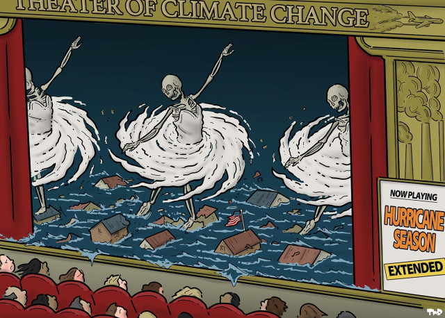 Cartoon showing a theater, with the text 'theater of climate change' above the stage. On the stage, three skeletons are dancing in tutus The tutus are actually hurricanes and the stage is flooded with roofs of houses sticking out. To the side a poster reads 'Now playing: Hurricane Season'.