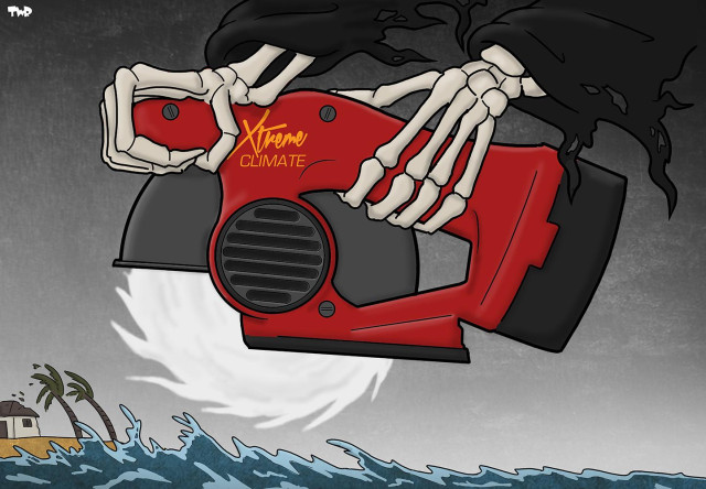 Cartoon showing two giant skeletal hands emerging from the sky, holding a circular saw, with the blade shaped like a hurricane.