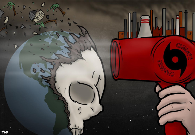 Cartoon showing a giant hair dryer labeled 'Climate change' blowing towards the earth with such force that the planet loses its skin, revealing a skull underneath.