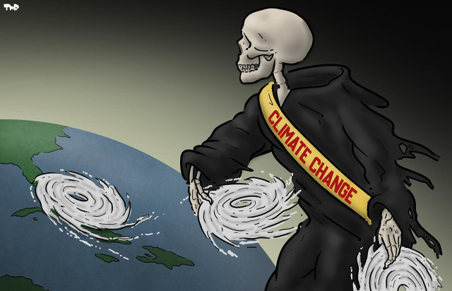 Cartoon showing the Grim Reaper wearing a sash that reads 'Climate change' hurling frisbees shaped like hurricanes towards planet earth.