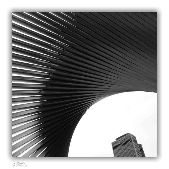 Square black-and-white image. At the bottom right, a quarter circle of white sky and the top of a high-rise building can be seen, leaning to the left and protruding into the image. The rest of the image, and thus the largest part, consists of fan-shaped metal struts that still have light-coloured spaces between them on the left, but otherwise touch each other. They form a kind of roof over the viewer. This metal construction is the artwork ‘Die Welt’ (The World) by Andreu Alfaro in front of the DZ Bank on Platz der Republik in Frankfurt am Main. 