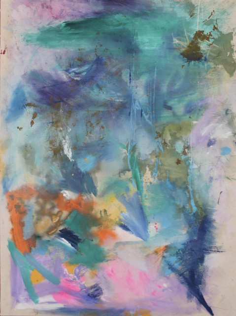 Humanism 2, an abstract expressionist painting on canvas stretched to 72 by 54 inches, or 183 by 137 cm. Cacophony of colors and shapes and types of paint. Making this makes for messy fingers that touch music playing buttons! Because when in the zone I do not like to just let music play; I want to actively select the next song to perfectly accompany the mood. The colors of this painting are primarily blues and aqua, teal, turquoise over a large percent of the piece. Other colors that demand attention are bright marks of orange, pink, white, yellow, gold; and just a few dark marks in brown, green, and blue-black. 