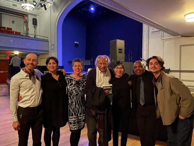 Photo taken at Brooklyn venue Roulette, composer Anthony Braxton surrounded by some members of the Tri-Centric Vocal Ensemble.