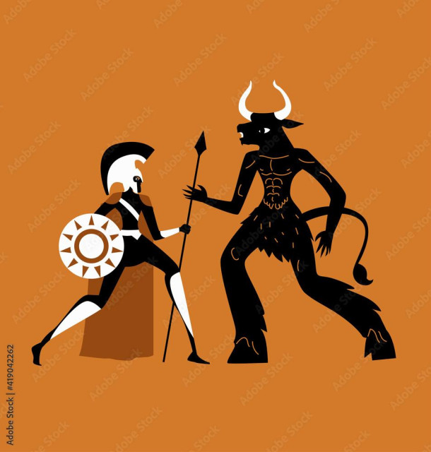 Eine Grafik mit orangefarbenen Hintergrund vom Kampf zwischen Theseus und dem Minotaurus
Bild nicht meins
Netzfund