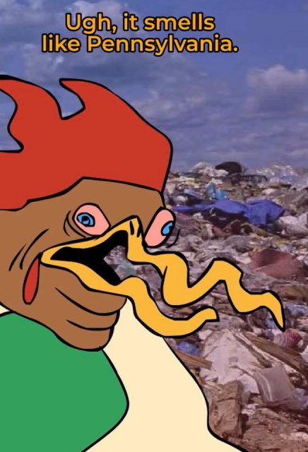 A screenshot from an animated interpretation of the live action. Dungeons& Dragons role-playing show Legends of Avernus where the anthropomorphan Chicken character has a look of discuss on his face superimposed in front of a real-life landfill with the superimposed in front of a real-life landfill with the capt"Ugh, it smells like Pennsylvania".