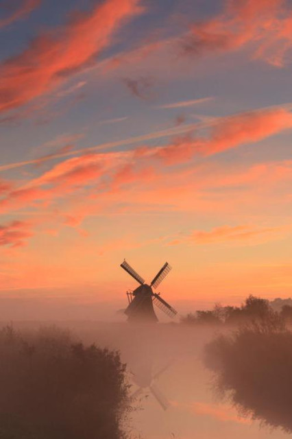 A windmill in fog with pink clouds above.