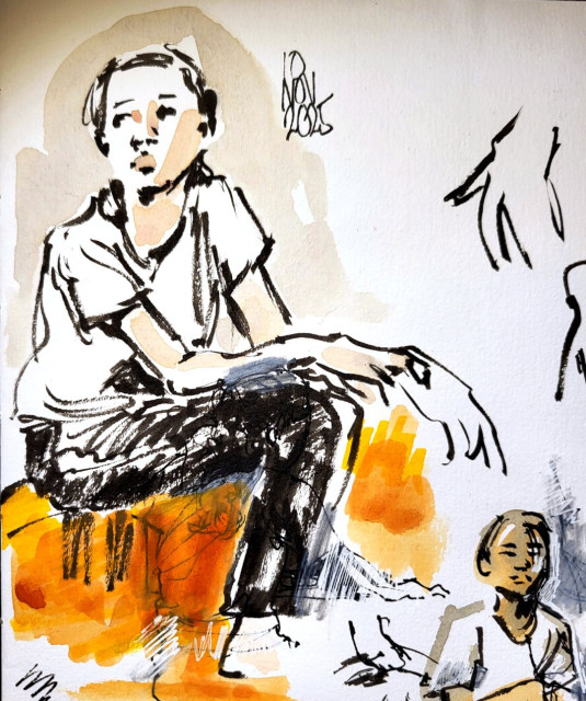 Skissboksida. Flera snabba skisser på händer och en tjej. Detalj.