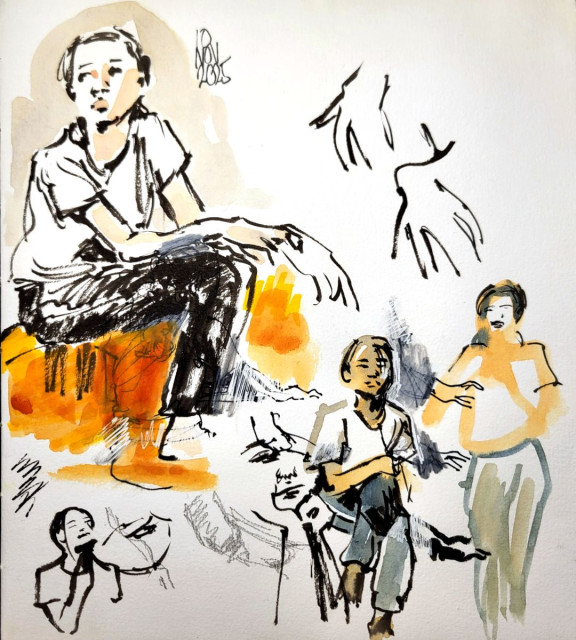 Skissboksida. Flera snabba skisser på händer och en tjej.