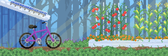 Pixel art of a cozy outdoor scene featuring a bike leaning against a shed near a small garden with a silhouette of a forest visible in the background.

The purple bike leans against a small blue shed with a white roof. On the roof is a solar panel. The ground is covered in clover with a small dirt path, and purple wild flowers can be seen growing nearby. The garden has a small white wooden raised bed. In the garden, we see tomato plants on the left, surrounded by marigolds. On the right, we see corn growing tall, with beans wrapped around them, and squash growing at their base. Light rays can be seen coming down from the top right of the scene.