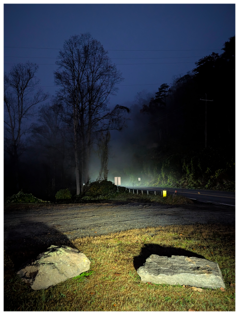 A nighttime scene shows large rocks on grass in the foreground, a gravel clearing, and a curving road to the right. Tall leafless trees and mist fill the dark background. Headlights or a bright beam illuminates part of the scene, casting long shadows.