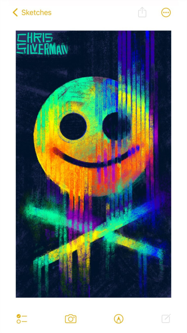 A smiley-face emoji with eerily empty black eyes, set on a black background. Below, it are two crossed lines, conveying the impression of a skull and crossbones. Both the face and the lines are rendered in blazing neon rainbow colors. A pattern of vertical lines partially covers the face and the crossbones. The vertical lines have their own colors which blur as they intersect the face and crossbones, giving the overall painting, a sort of drippy/rasterized effect. The painting is signed "Chris Silverman".