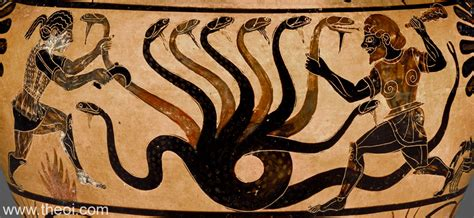 Ancient Greek artwork painted onto the side of a ceramic vessel featuring two warriors (one of them Heracles) battling a Hydra.