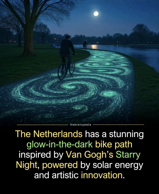 A stunning glow-in-the-dark bike path inspired by Van Gogh's Starry Night, powered by solar energy & artistic innovation.   Thousands of photoluminescent stones absorb sunlight during the day & emit a soft glow at night - creating a swirling pattern.