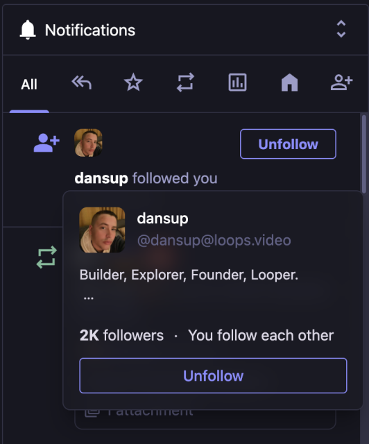 My mastodon notifications showing a follow from my loops.video account, showing that we now have fixed the broken follow logic.