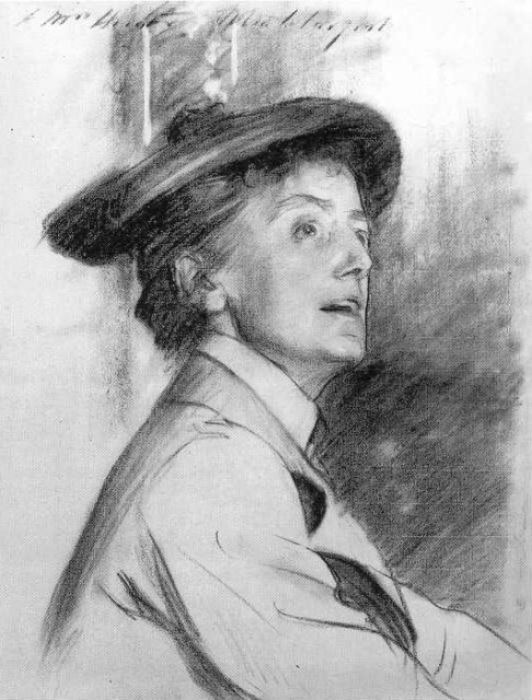 sketch of Ethel Smyth by  John Singer Sargent (1901). She is a white woman with light hair in a bun, mostly hidden under a large tam o'shanter hat.