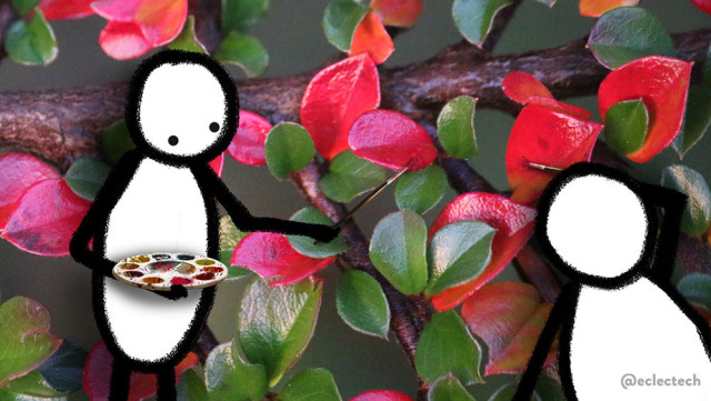 A close up photo of a branch from a shrub in my garden. It has small, thick leaves. While some remain dark green others have turned red for the autumn. Really bright, solid red. I've added a couple of scribbled figures with paint brushes and palettes , painting the red ones. 