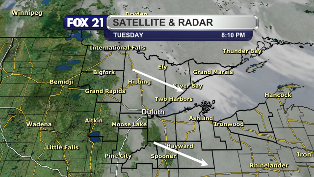 The satellite over the Northland at 8:10 p.m. on November 11, 2025, shows clearing skies working their way from west to east across the region.  This should allow the Northern Lights to be seen for most of us in the Northland later tonight.