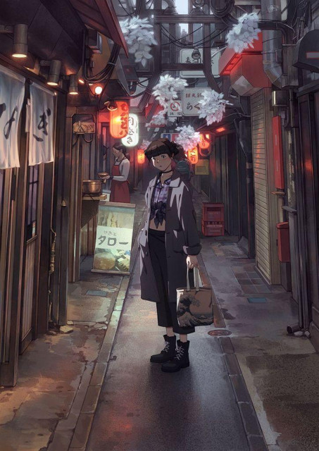 a digital painting of a girl standing in a moody alley in Tokyo